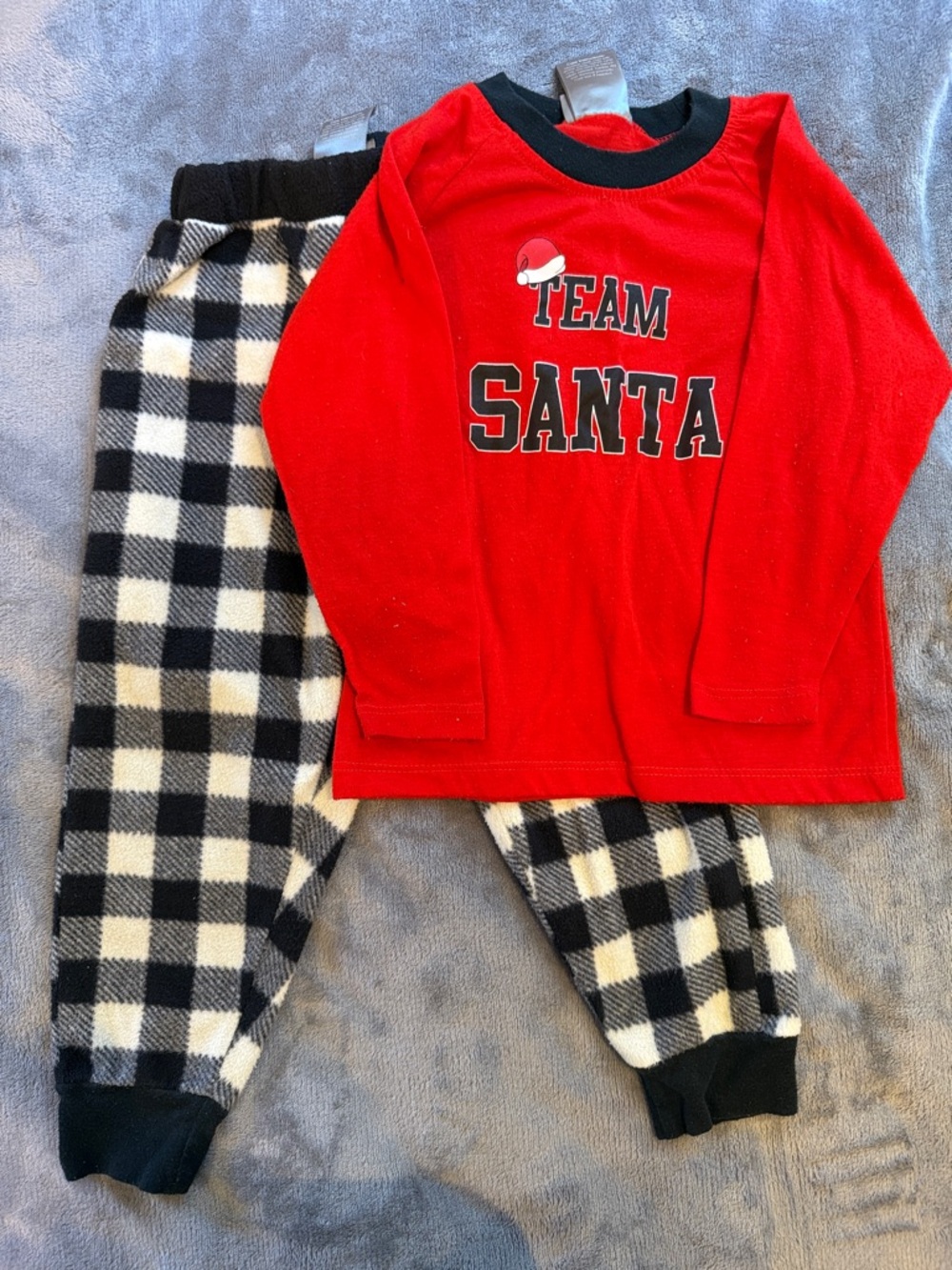 Red 'Team Santa' Kids Holiday Pajama Set with Black & White Plaid Pants